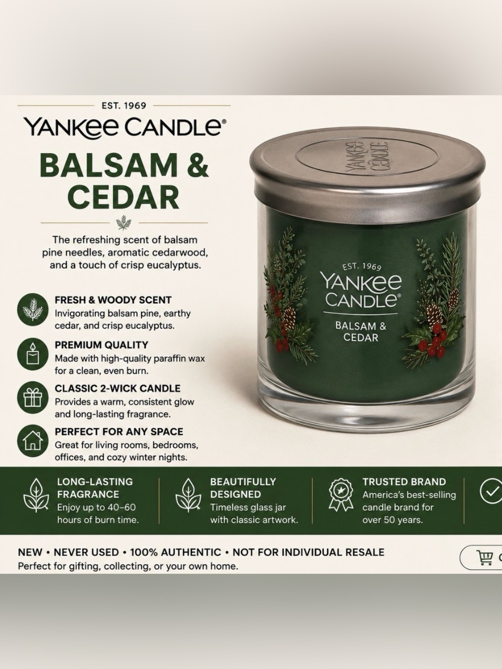 Yankee Candle Balsam & Cedar Green Glass Jar Candle with Metallic Lid
